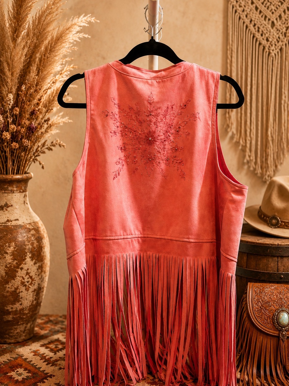 Pink faux Suede Vest with Engraclved Back